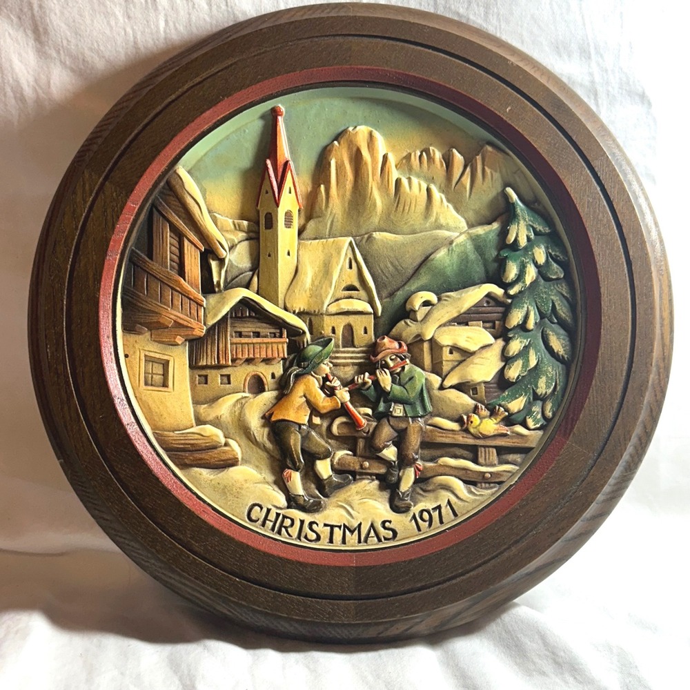 Vintage Anri Christmas 1971 Wood Carved Wall Plaque Brown Alpine Relief Italy